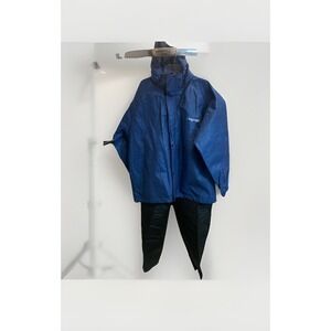 frogg toggs Rain Suit Size L Blue Jacket Removable Hood, Black Pants Lightweight